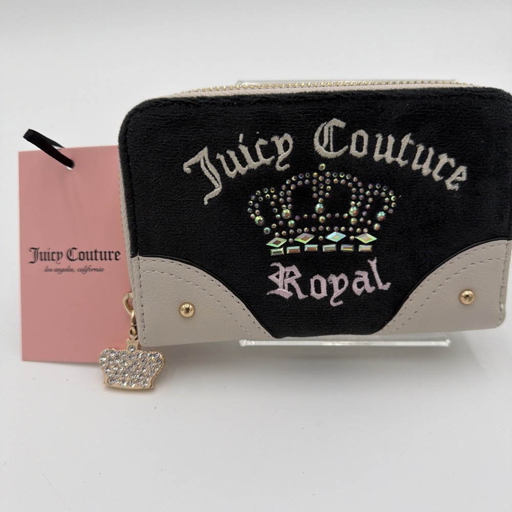 Juicy Couture Kingdom Double Medium Zip Around Wallet Liquorice White Velvet NEW